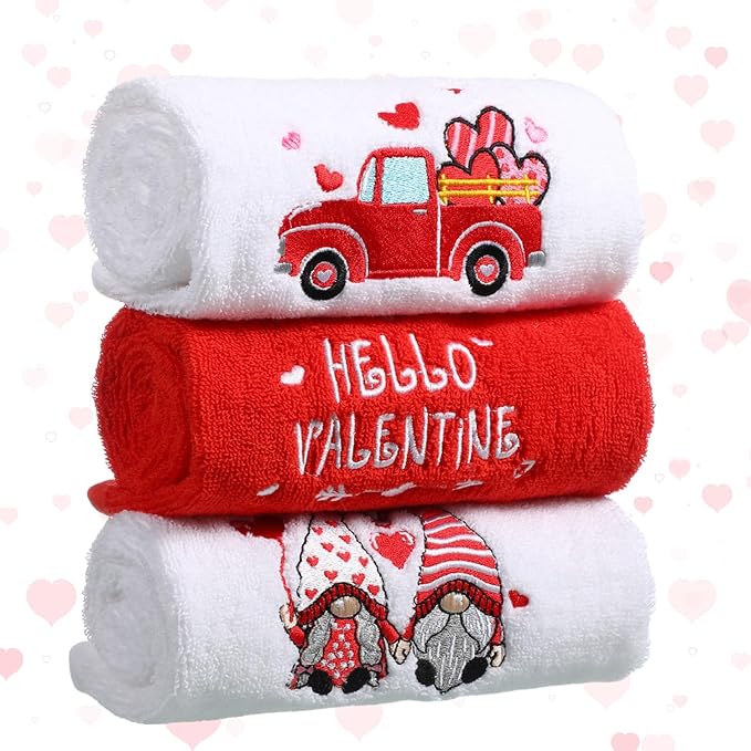 3 Pack Valentine's Day Bath Hand Towels Embroidered 100% Cotton 13.7 x 29.5 in Red Heart Love Bathroom Kitchen Decorations