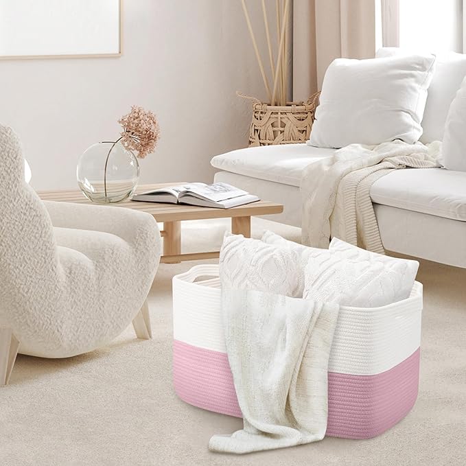 Large Pink Storage Basket, 22" x 17" x 12" Rectangle Cotton Rope Bin for Organizing, Woven Blanket storage for Living Room, Kids Toy Bin Box, Decorative Nursery Storage, Pink Room Decor