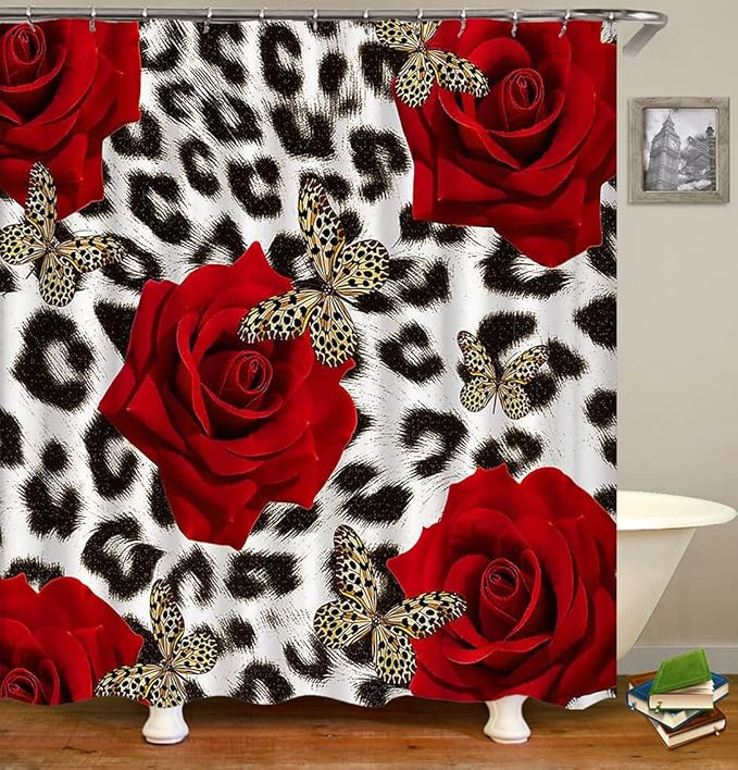 4PCS/Set Black and White Leopard Print Shower curtain Romantic Red Rose Safari Animal Skin Fur Valentine's Day Fashion Bathroom Decor Non-slip Bath Rug Cheetah Print Gifts for Women, Butterfly