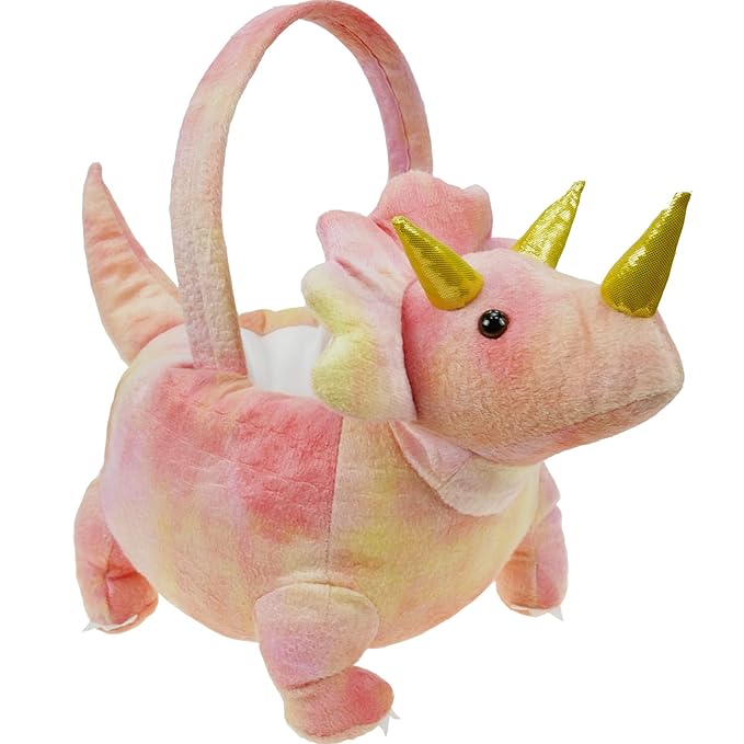 DearSun Exquisite Embroidery ! Personalized 3D Adorable Pink Dinosaur Basket Easter Egg Hunting Basket Easter Gift Basket with Embroidery Name (Pink Plush Triceratops Basket)