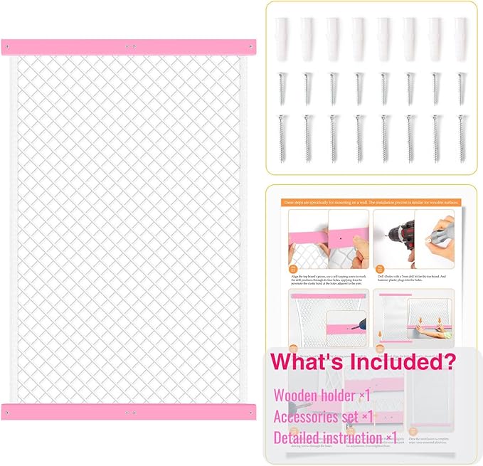 Stuffed Animal Storage Net, Elastic Stuffed Toy Holder,Door/ Wall Mount Length Adjustable Hanging Stuffy Animal Organizer, Plushie Net For Nursery Play Room-Pink Boards