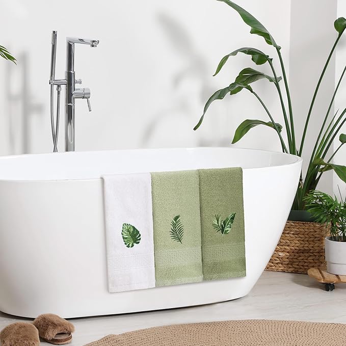 3 Pcs Tropical Palm Leaves Hand Towels for Bathroom Decor Summer Monstera Leaves Embroidered Absorbent Soft Cotton Towels 13.78 x 29.53 Inch Farmhouse Green Decorative for Kitchen Home