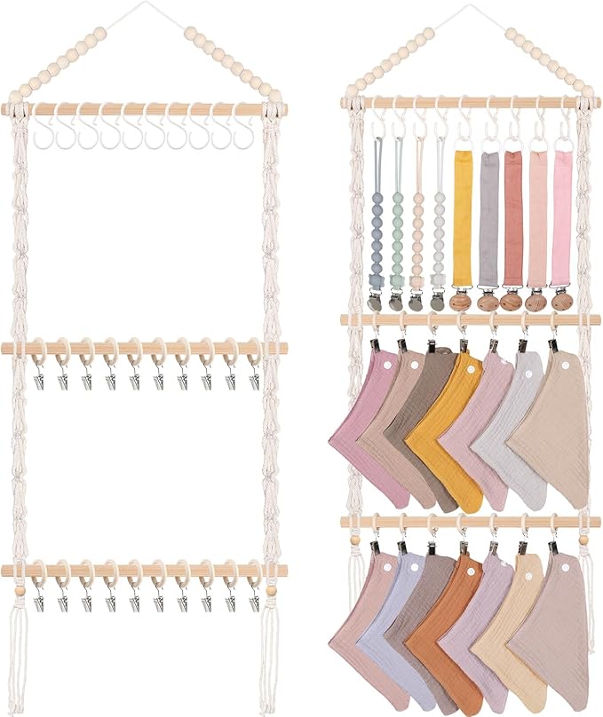 POVETIRE Pacifier Clip Holder Bibs Organizer, Neutral Bibs Holder Baby Bandana Drool Cloths Organizer Storage Hanging Wall Decor for Nursery Newborn Infant Girls and Boys Room