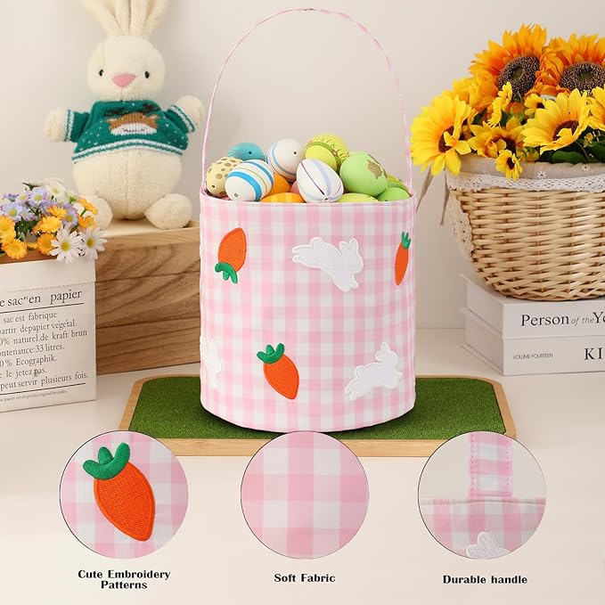 Easter Bunny Basket for Kids,Cute Easter Bucket Bags with Rabbit Ears for Easter Eggs Hunting,Easter Decorations,Candy Gifts Storage (Pink Gingham)