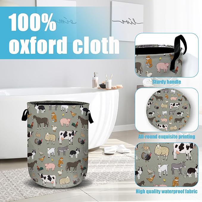 Funny Farm Animal Laundry Basket, Laundry Hamper Collapsible Oxford Cloth with Handle Clothes Toy Storage Bin for Bathroom Laundry Room Bedroom 15.7 X 20 Inch