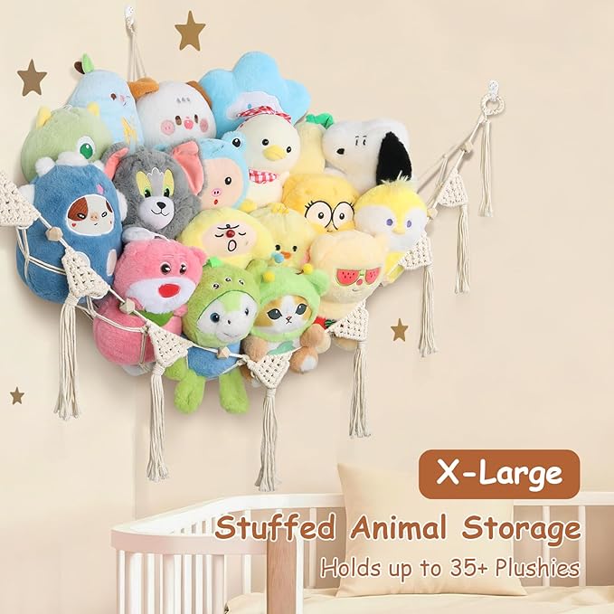 Stuffed Animal Hammock Corner, 57 Inch Large No Drilling Handcrafted Stuffed Animal Net, Natural 100% Cotton Boho Macrame Plushie Net Sturdy Stuffed Animal Storage Holder for Kid Room Nursery(Cream)