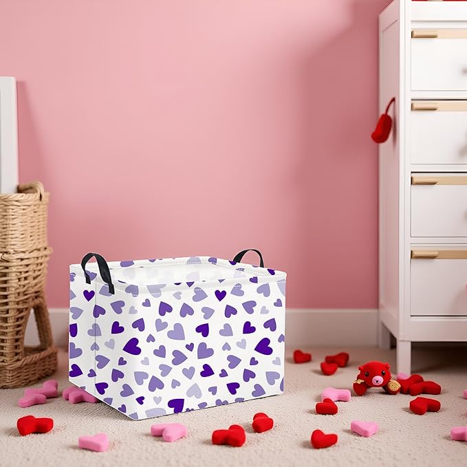 HIYAGON Rectangular Valentines Basket Fabric Storage Bin Storage Boxes Collapsible Storage Basket for Clothes Books Shelves Basket(Light Purple Heart)