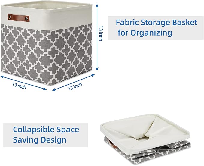 Temary 13ﾗ13ﾗ13 Foldable Storage Cube Baskets Fabric Cube Storage Basket for Organizing Cloth Storage Bins with Leather Handles for Gifts Empty, Closet (Grey Lattice)