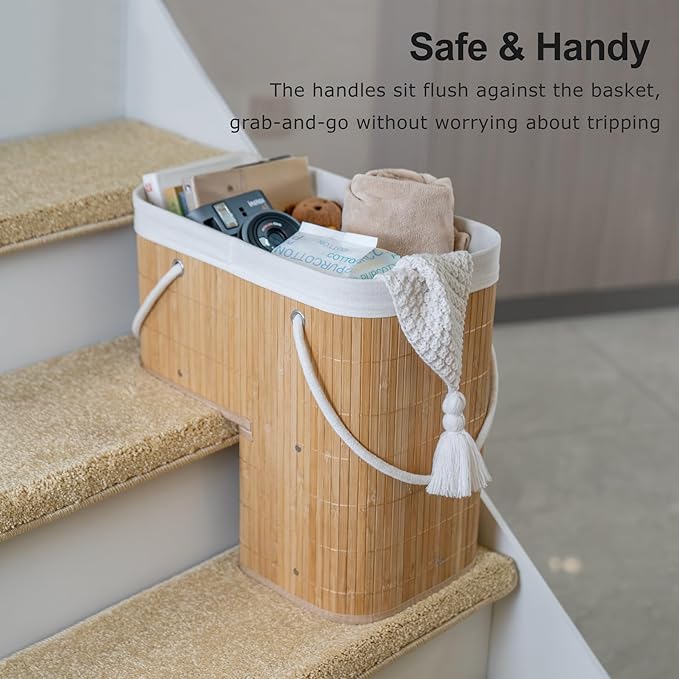 Stair Basket with Lid & Handle – Staircase Storage Basket for Wooden & Carpeted Stairs, Foldable Step Baskets for Stairs, Bamboo Storage Bin Organizer for Toys, shoes & Books (Natural Bamboo)