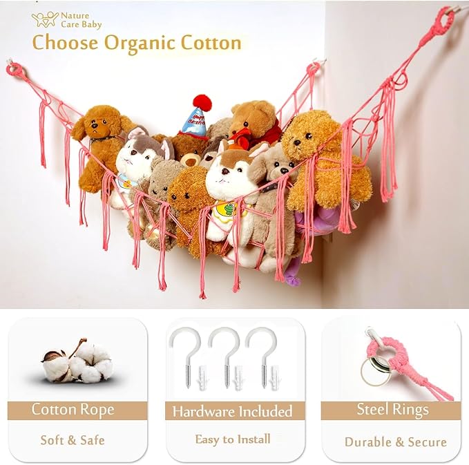 Stuffed Animals Hammock Corner Hanging Net with Tassel Macrame Stuffed Animal Storage Plush Toy Holder Toy Organizer for Boho Nursery Playroom Bedroom Kids Room (pink, large)