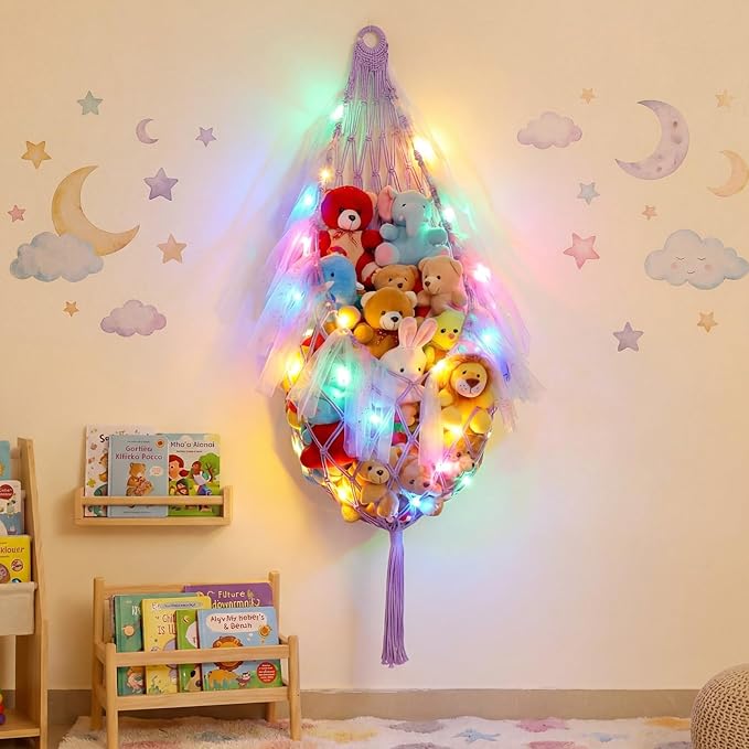 Stuffed Animal Storage Organizers Corner Hanging Net with LED Lights 59 Inch Toy Storage Stuffed Animal Hammock Macrame Toy Display Plush Holder Wall for Bedroom Nursery Playroom Organizer
