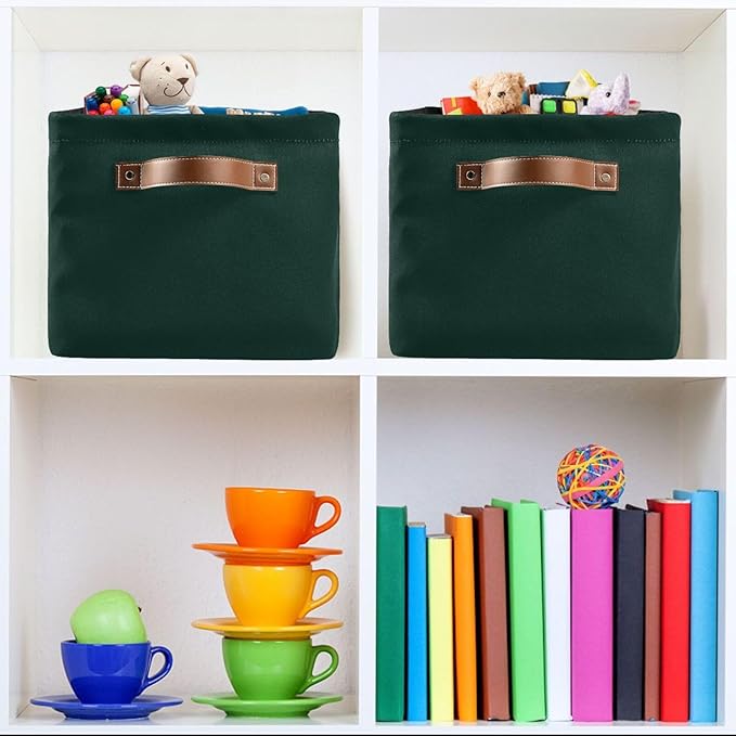 YETTASBIN Hunter Green Solid Color Storage Basket 1pc, Large Collapsible Toys Clothes Organizer, Durable Canvas Storage Bin with Handle for Shelves Closet Laundry Home Office Decor