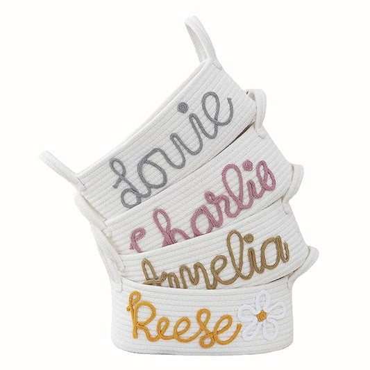 Personalized Baby Name Basket with Handles,Custom Diaper Caddy Cotton Rope Basket,Baby Stuff Organizer Storage Bin for Nursery Toy Room Bedroom Bathroom (S)