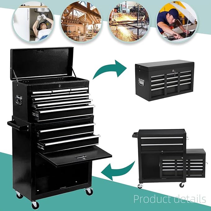 8-Drawer Rolling Tool Chest – 2-in-1 Lockable Tool Box with Wheels, Sliding Drawers & Detachable Top – Garage & Workshop Storage Cabinet, Black
