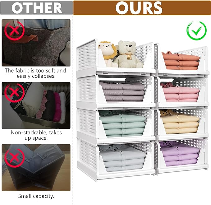 SNSLXH 8 Pack Stackable Closet Storage Bins, Multifunctional & Foldable Closet Organizers and Storage for Bathroom Kitchen Laundry Room Drawer Shelf Storage, Space-Saving Wardrobe Organizer, White