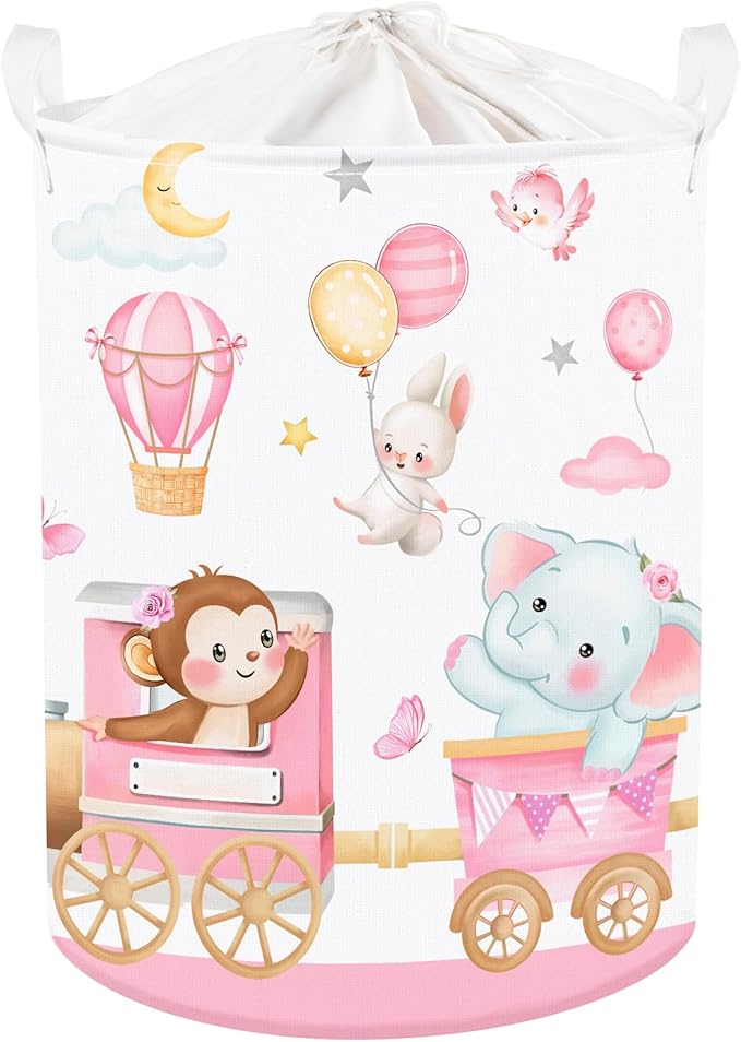 Clastyle Collapsible Large Pink Train Animals Kid Laundry Hamper for Girl Flower Elephant Lion Clothes Toy Storage Basket with Lid for Nursery