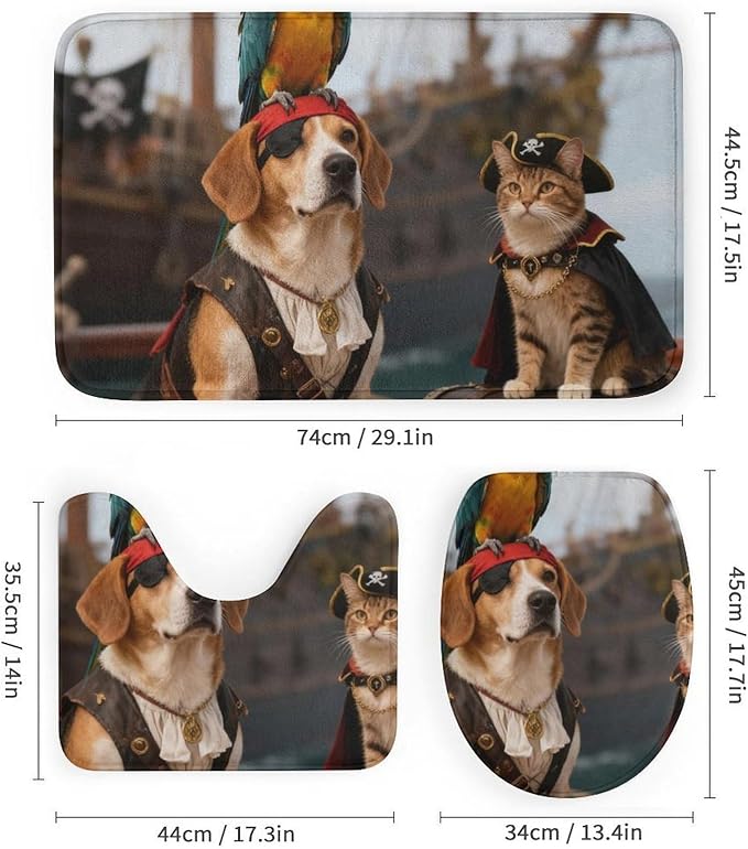 4 Piece Bathroom Rug Set with Shower Curtain, Non-Slip Bath Mat Toilet Cover Set, Dog and Cat Adventure Bathroom Rug Sets