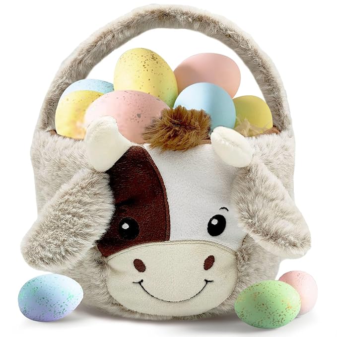 Easter Basket, Soft Cow Plush Baskets, Easter Egg Hunt Buckets, Easter Decorations Indoor Outdoor, Cute Easter Gifts for Kids, Adults, Teens, Toddlers, Girls