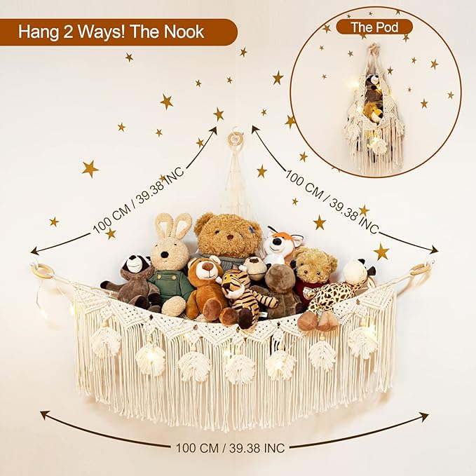 ANROYE Macrame Stuffed Animal Toy Net Hammock with Star Light, Small Plushies Boho Storage for Nursery, Corner Wall Hanging Organizer for Kid, Bohemian Woven Decor Display Holder for Girls Boy Gift