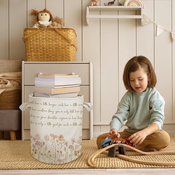 Floral Girl Nursery Laundry Basket Hamper, Toybox for Girls, Pastel Wildflower Waterproof Collapsible Storage Bin Organizer for Bedroom Bathroom Girls Room Dorm Clothes Toys Books