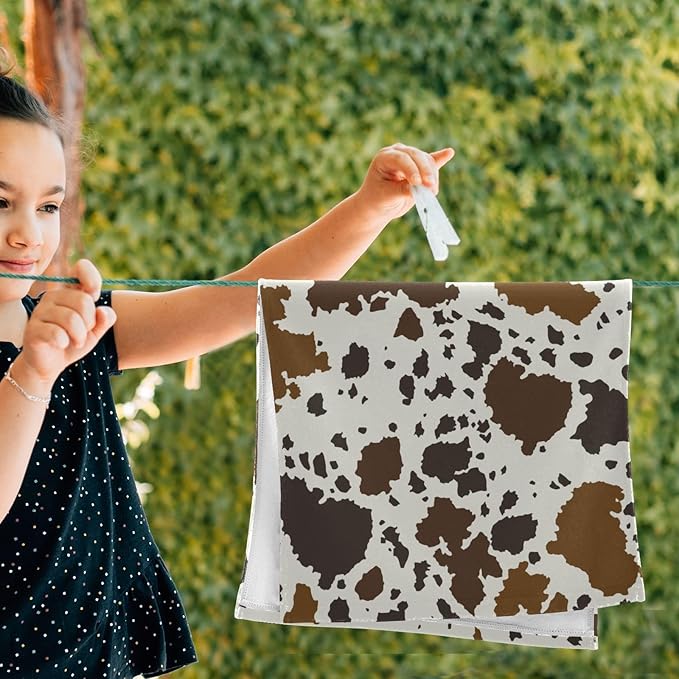 2 Pack Brown Cow Print Hand Towels for Bathroom,Soft Absorbent Rustic Cowhide Farmhouse Animal Skin Pattern Kitchen Towels,Cow Hide Decorative Guest Bathroom Towels for Face,Shower,Gym 14"x28"