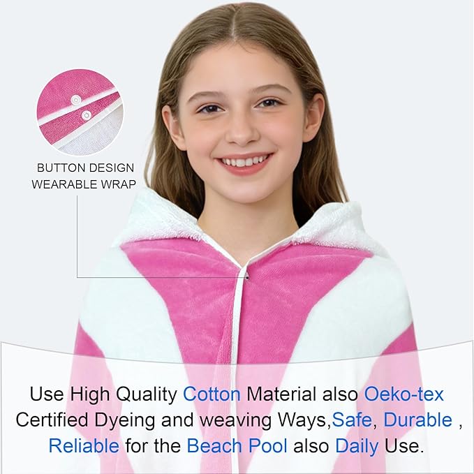 Hooded Bath Towel Wrap for Teens/Big Kids (6-12 Years,68"X34") | Soft Fluffy Quick Dry Absorbent 100%Cotton Thick Towel | Versatile Beach, Pool, Swim & Bath Cover-Up | Hot Pink Wide Stripe