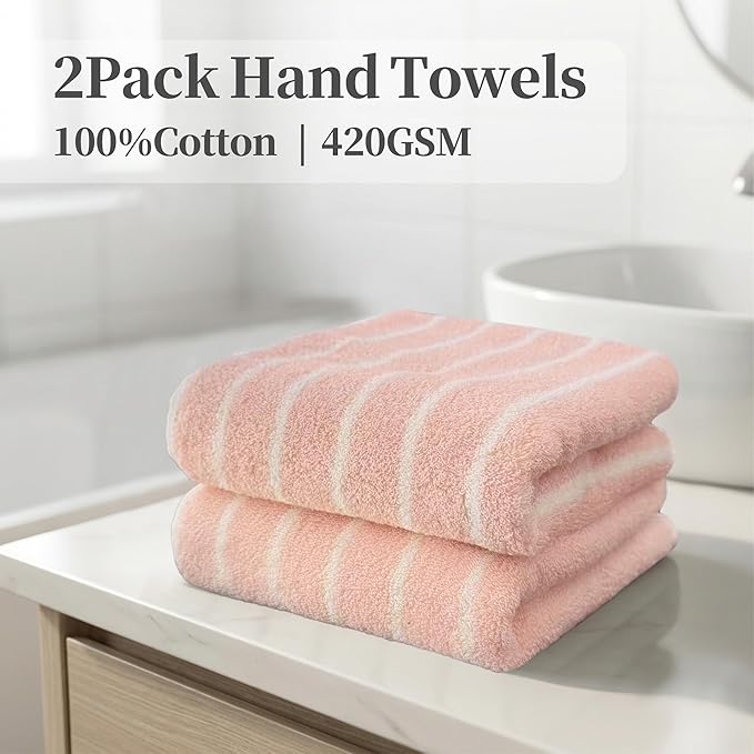 2-Pack Premium Stripe Cotton Hand Towels with Hanging Loop - 13x28 Inch, Medium Weight 420GSM, Ultra Absorbent, Daily Bathroom & Face Towels, Soft Comfortable Durable Pink Ground Beige Stripe Design