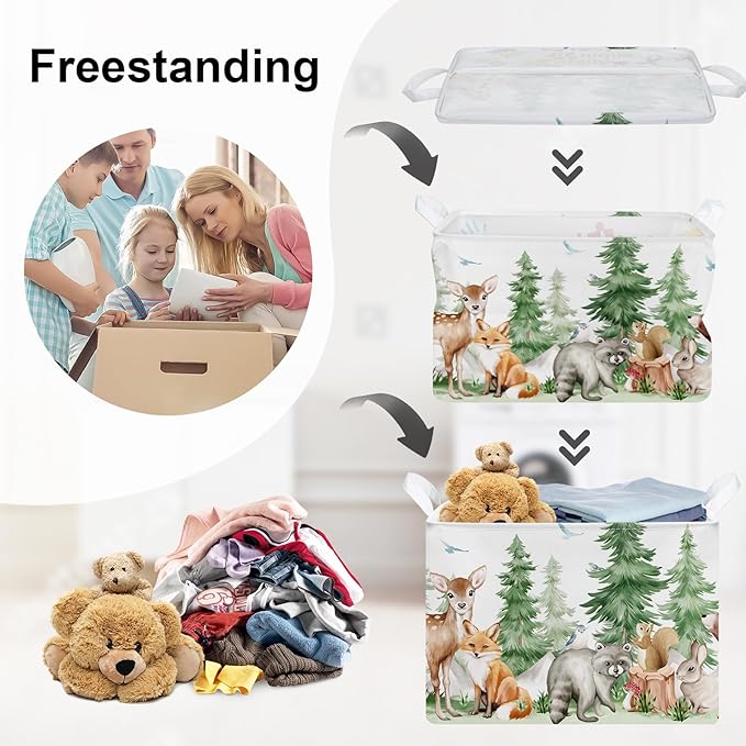 Forest Animals Baby Laundry Hamper Collapsible Clothes Kids Storage Basket Bear Fox Large Boys Girls Gift Toy Box Bin for Nursery, Deer, 36L