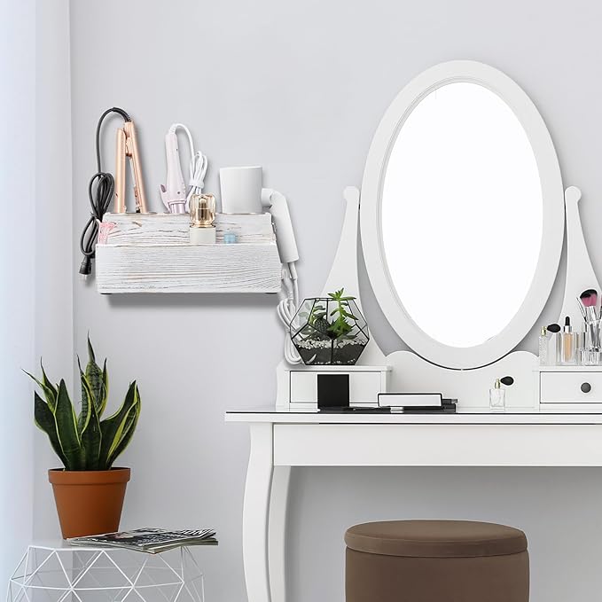 Hair Tool Organizer, White Washed Wood Hair Dryer Holder Countertop, Wall Mount Hot Tools Organizer for Hair Styling Accessories, Bathroom Supplies Vanity Caddy for Curling Wand, Blow Dryer