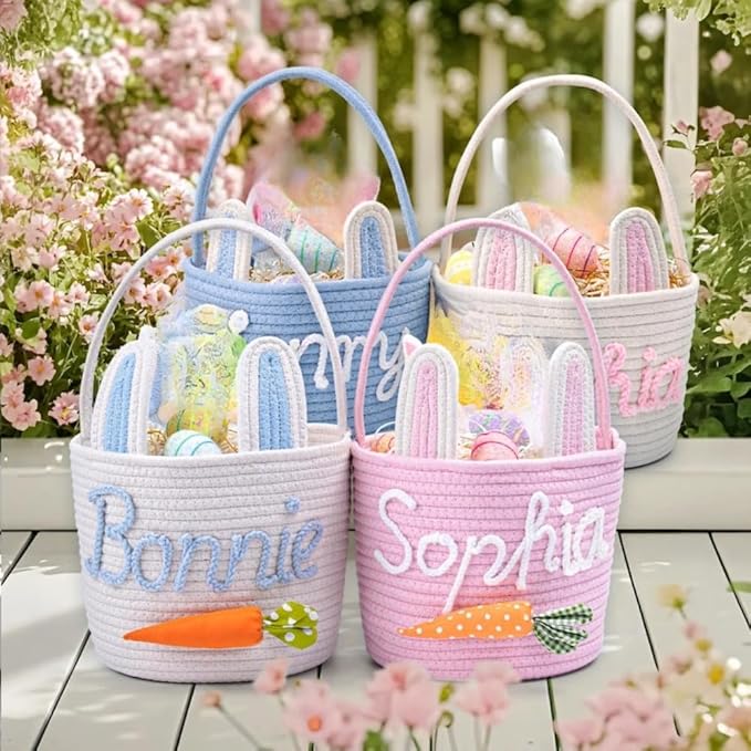 Personalized Easter Basket for Kids, Custom Name Easter Bunny Basket, Easter Egg Hunt Basket, Easter Bucket, Boy Girls Easter Basket (26x20x6cm)
