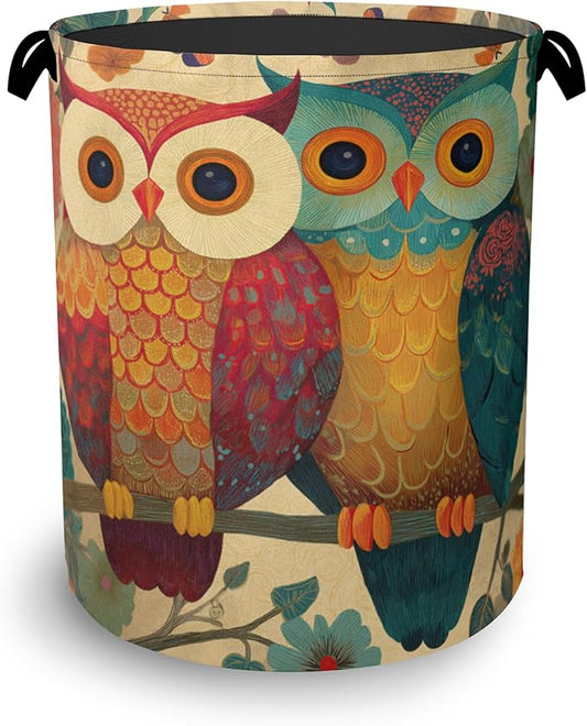 Cute Owl Laundry Basket,Foldable with Handles Tote Bag Oxford Cloth for Bathroom Bedroom Dirty Clothes Storage Bucket 16" x 20.8"