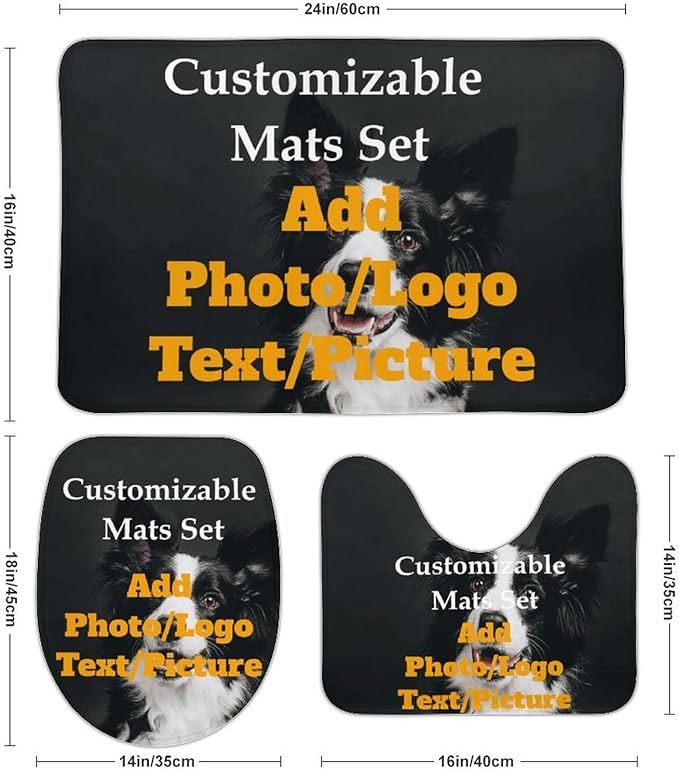 3 Piece Bathroom Custom Floor Mat Set Personalized Rug Design Your Own Toilet Lid Cover Add Photo/Picture/Text Non-Slip Decoration
