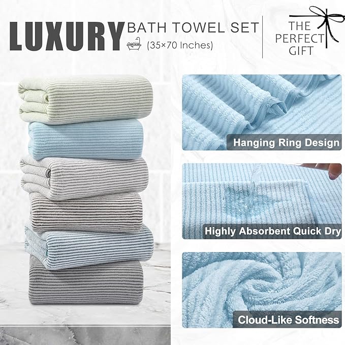 4 Piece Bath Towel Set 35"x70"Oversized Bath Towel for Bathroom Ultra Soft Fluffy Extra Large Bath Sheet Luxury Premium Bathroom Towel Highly Absorbent Quick Dry Shower Towel for Hotel Spa,Blue White