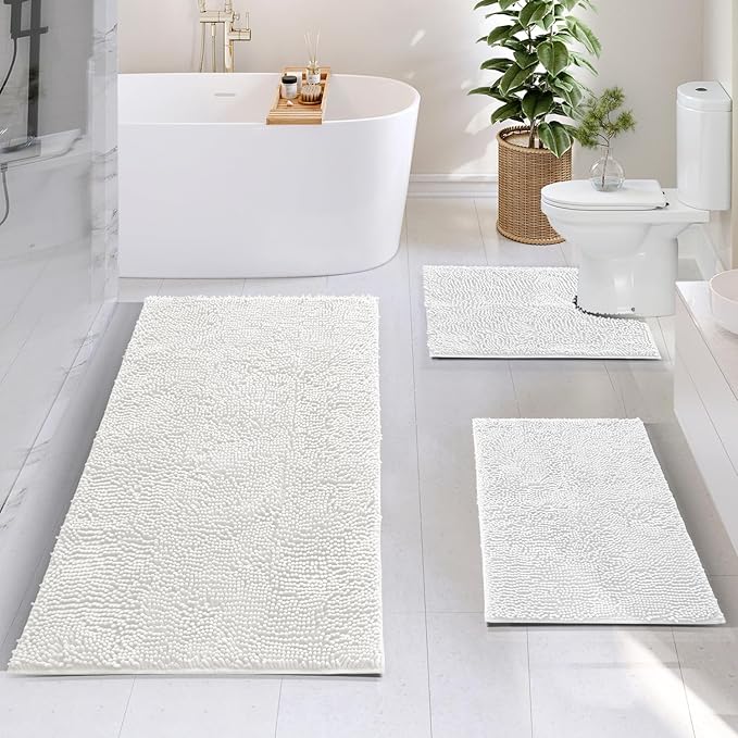 Hearth & Harbor Bathroom Rugs, Chenille Bath Mat - Machine Washable Bath Mats for Bathroom Non-Slip Backing Rubber, Quick Dry Mat - White Bath Rug, 17x24-26x44-20x24