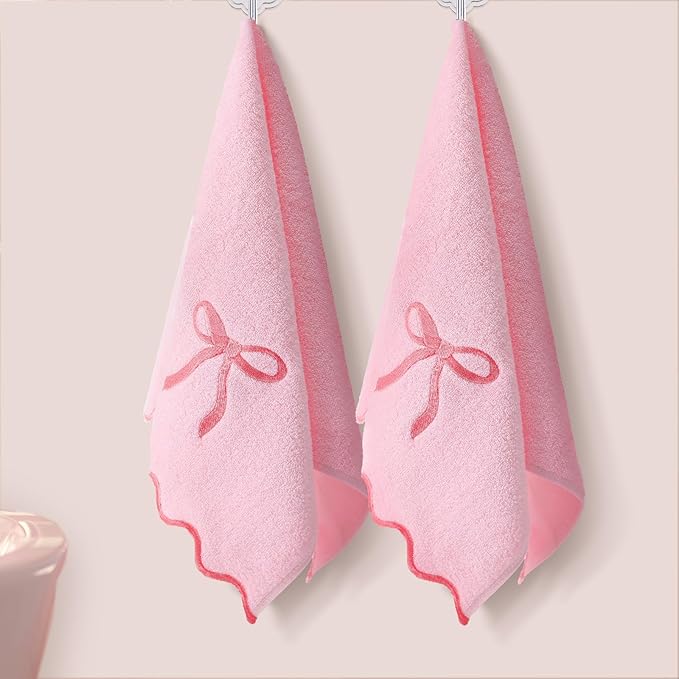 2 Pcs Pink Scalloped Hand Towels for Bathroom 26 x 13 Embroidery Coquette Bow Hand Towels 100% Cotton Soft Absorbent Boho Bath Decor for Kitchen Bathroom