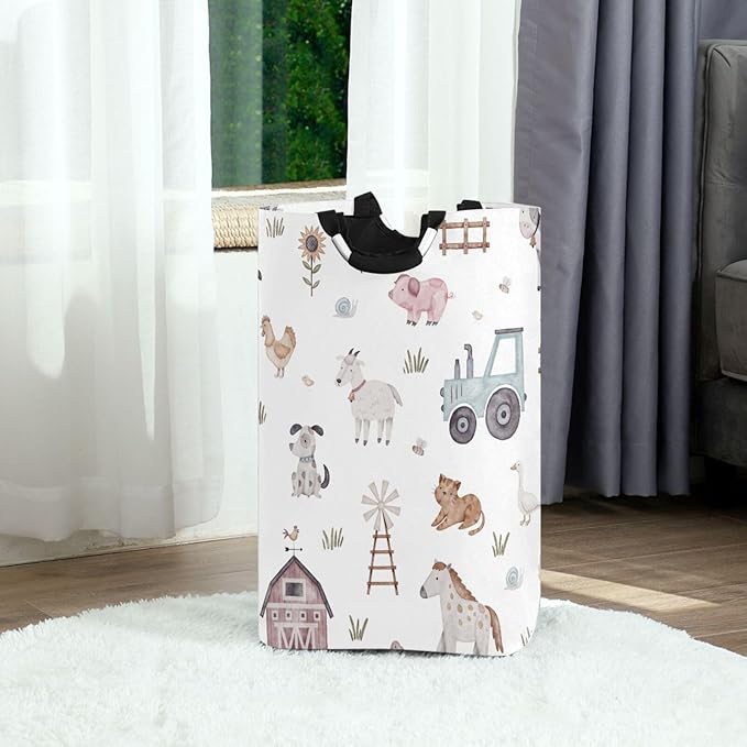 Kigai Farm Animal Laundry Basket Waterproof Collapsible Laundry Hamper Baby Hamper Dirty Clothes Organizer for Nursery Bedroom Dorm