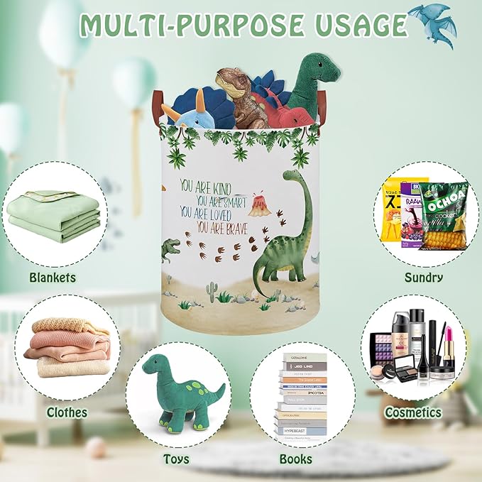 Dinosaur Nursery Decor Kids Laundry Basket Large Kid Storage Chest Trunk Woodland Stone Volcano Book Shelf Basket Collapsible Clothes Toy Bin for Baby Rectangle Hamper,45L(Green Dinosaur)