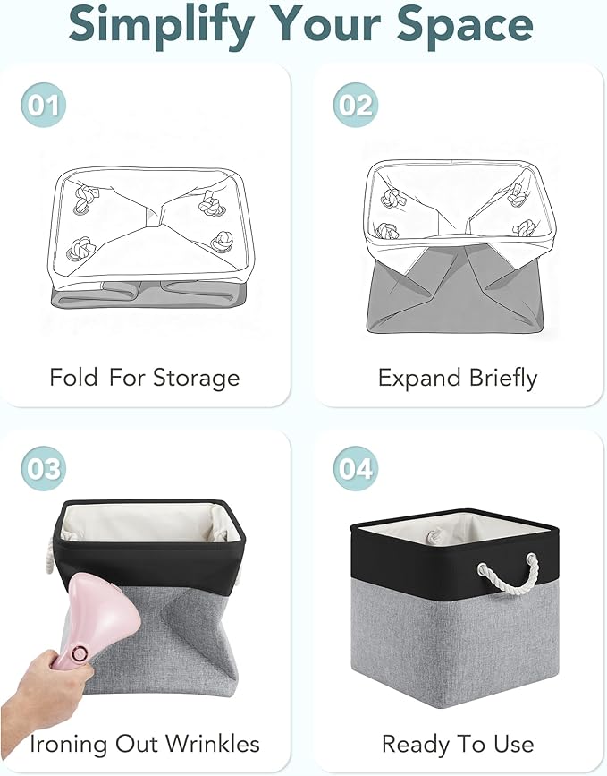 12x12 Storage Cube Bins, 6 Pack Reinforced Bottom Cardboard Foldable Box, Organizer for Closet Shelves, Heavy Home Storage Baskets (Black Gray)