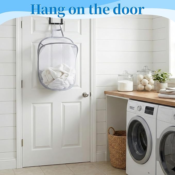 2 Pack Mesh Foldable Hanging Laundry Hamper, Small Wall Laundry Baskets Space-Saving Wall Hamper Portable Dirty Clothes Organizer for Home, Dorms, Hotels, RVs Grey White