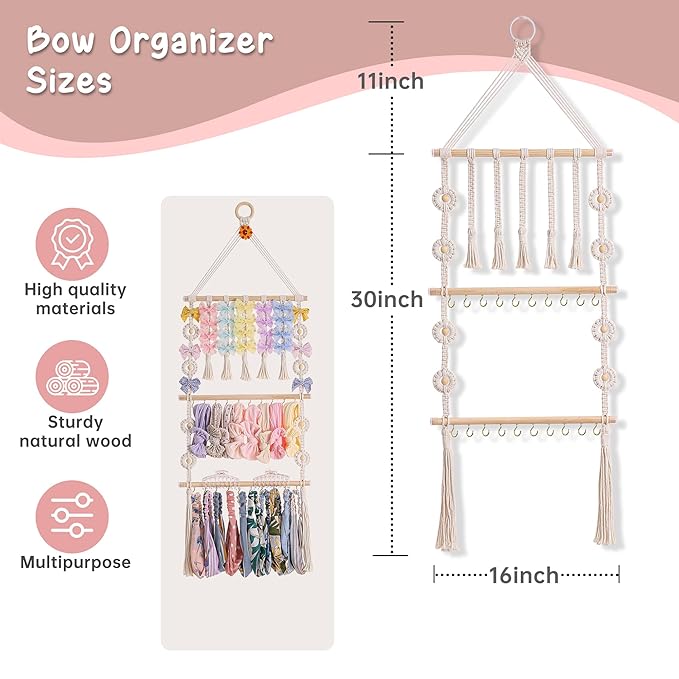 Bow Holder for Girls Hair Bows - Bow Organizer for Girls, Wall-Mounted Baby Headband Organizer, Headband Holder for Baby Girl