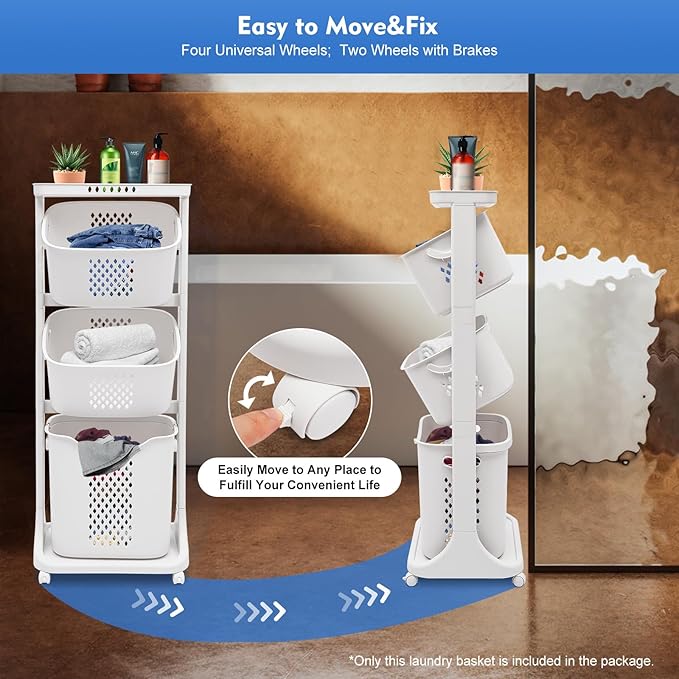 3-Tier Storage Basket Laundry Basket Rolling Cart Washing Hamper Storage Bin Shelf Multifunctional rotating laundry basket organizer Removable Clothes Laundry Basket for Kitchen Living Room