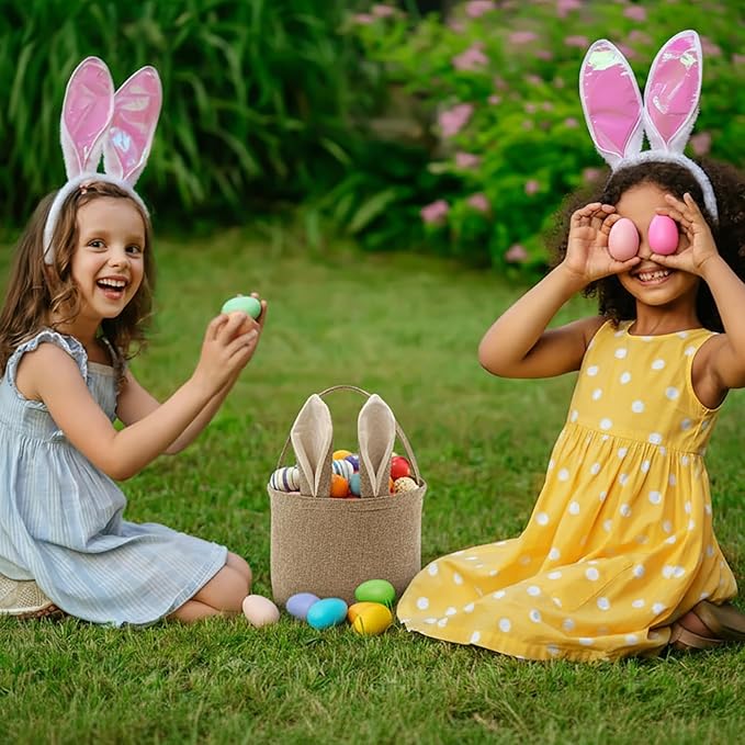 Easter Bunny Basket for Kids,Cute Easter Bucket Bags with Rabbit Ears for Easter Eggs Hunting,Easter Decorations,Candy Gifts Storage (Linen)