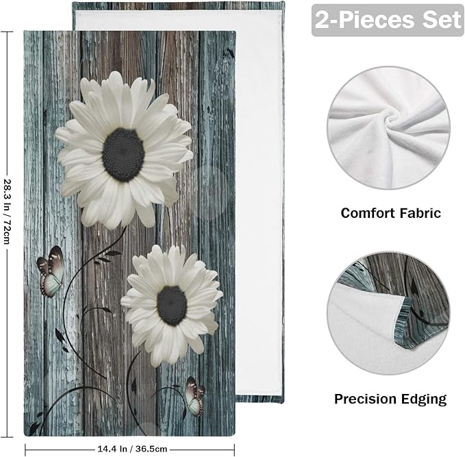 Hand Towels for Bathroom Set of 2 Farmhouse Floral Rustic White Daisy Flower Teal Blue Wooden Plank Soft Absorbent Small Bath Towels Decorative Kitchen Guest Dish Towel for Gym,Spa 28x14in