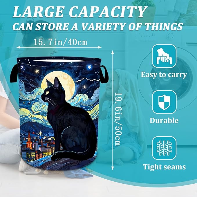 Starry Night Cat Laundry Basket, Foldable Waterproof Oxford Cloth Moon Laundry Hamper Funny Tote Bag Dirty Clothes Storage Bucket Toy Organizer for Bathroom/Laundry/Bedroom 15.7"x19.6"