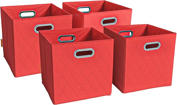 FH Group JIAessentials 11" Faux Leather Foldable Storage Cube Bins Set of 2 – Red Diamond Patterned Organizers with Handles for Closet & Shelves