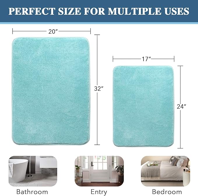 H.VERSAILTEX Bath Mat Memory Foam Set Bathroom Rug Set Flannel Velvety Bath Mat Luxury Extra Soft and Absorbent Non Slip Rugs for Bathroom/Bedroom Washable(2 Pack- 20"x 32"/ 17"x 24", Eggshell Blue)