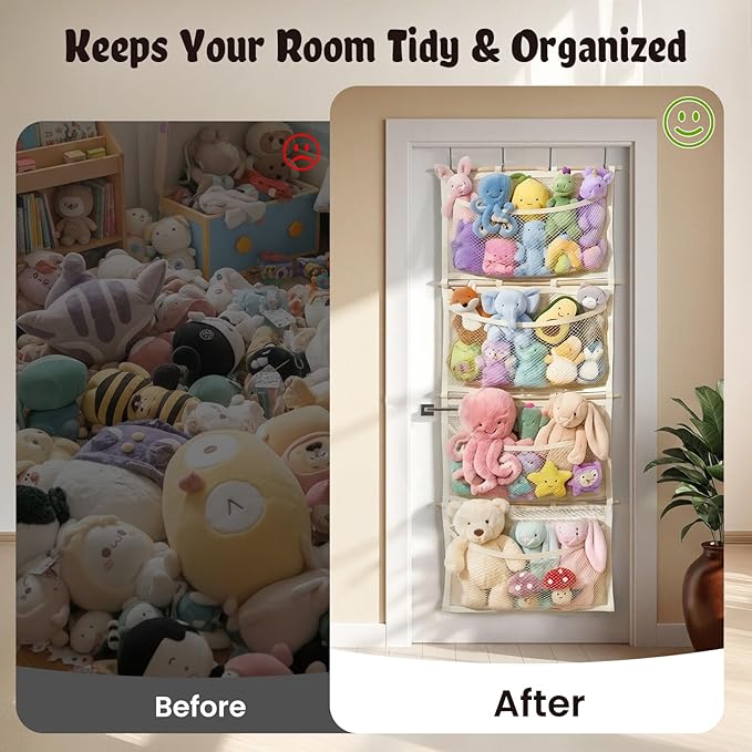 Over Door Large-Capacity Stuffed Animal Storage with Metal Hook & Wooden Stick, Hanging Plush Animal Bear Doll Toy Organizer Net Hammock Behind Door, Boho Nursery Dorm Bedroom Decor for Girl Boy Kid
