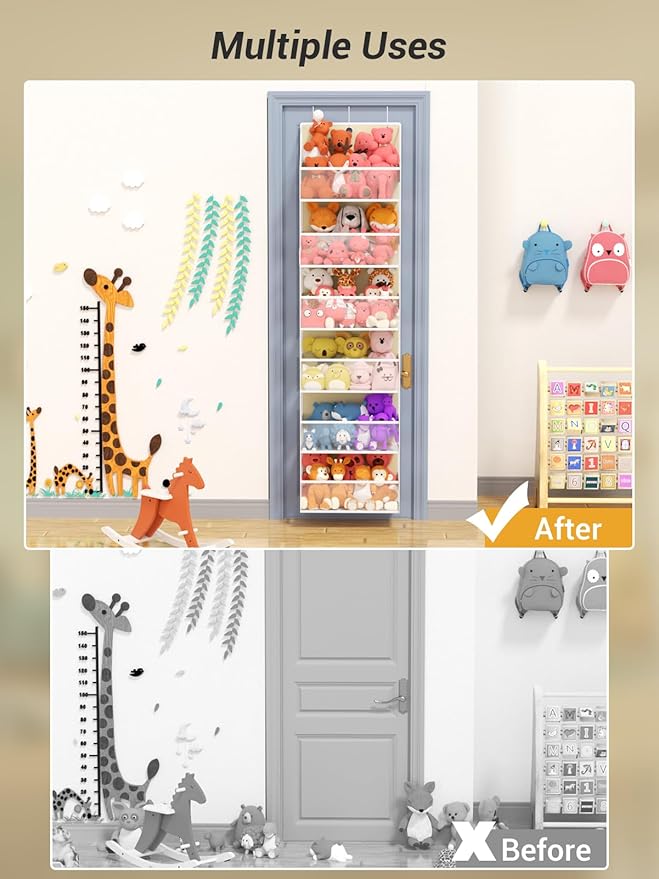Over Door Hanging Organizer with 6 Shelves, Stuffed Animal Storage - Behind Door Storage for Plush/Bedroom, Nursery, Dorm Room, 1 Pack, Beige