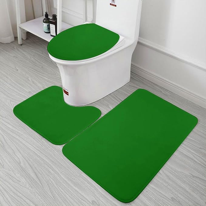 3 Pieces Bath Rug Sets, Solid Green Trend Color Bathroom Mat Set Non Slip U Shaped Contour Rug & Toilet Lid Cover