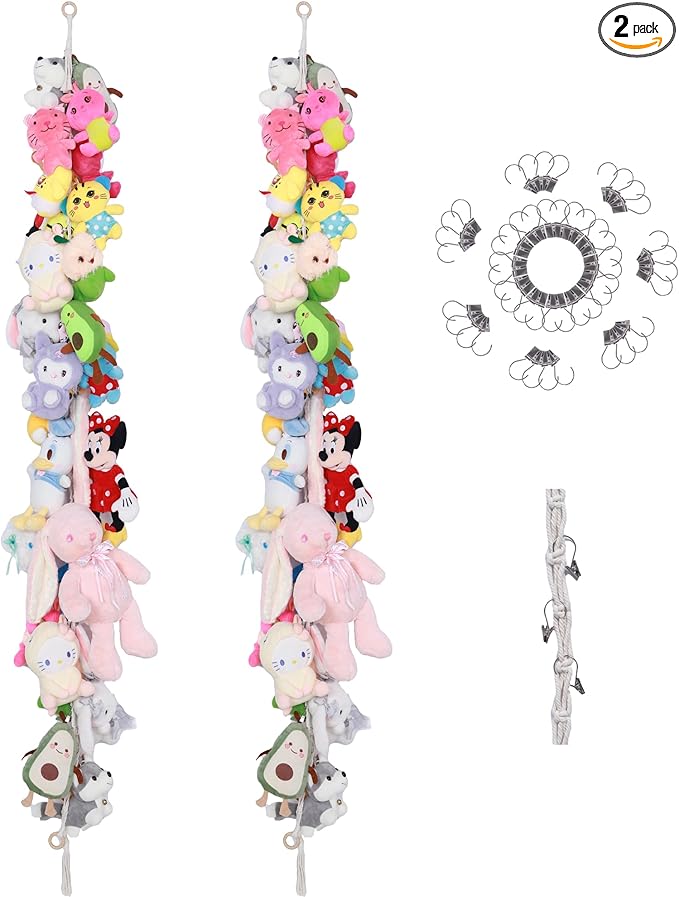 2 Pcs Cotton Stuffed Animal Storage Chain with 40pcs Metal Clips for Hanging Small Plush 80inch Wall Organizer Stuffed Animals Storage Holder for Hanging Nursery Play Room Wall Door (2Pcs White)